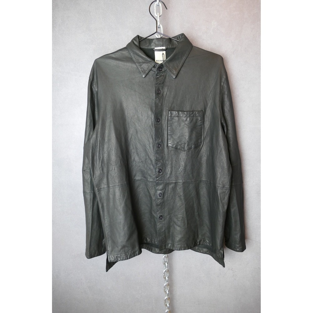 BALDWIN Men Black Leather Button‎ Down Shirt Long Sleeve Casual Size Large